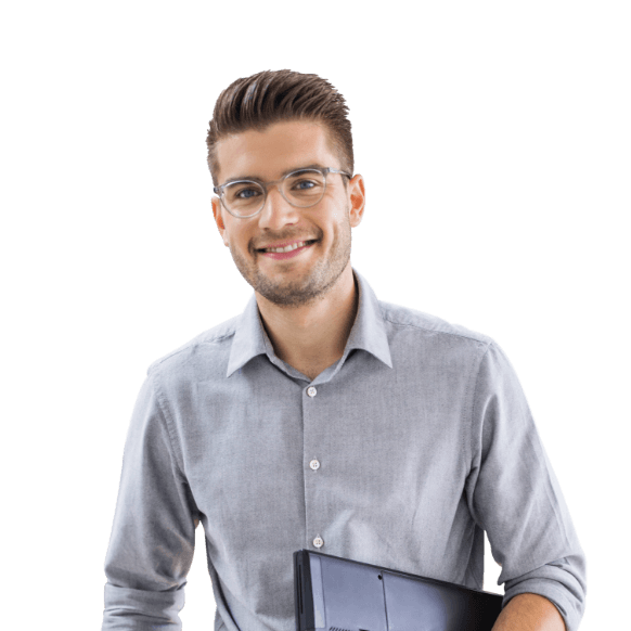 Kaufmännischer Angestelter mit Laptop unterm Arm